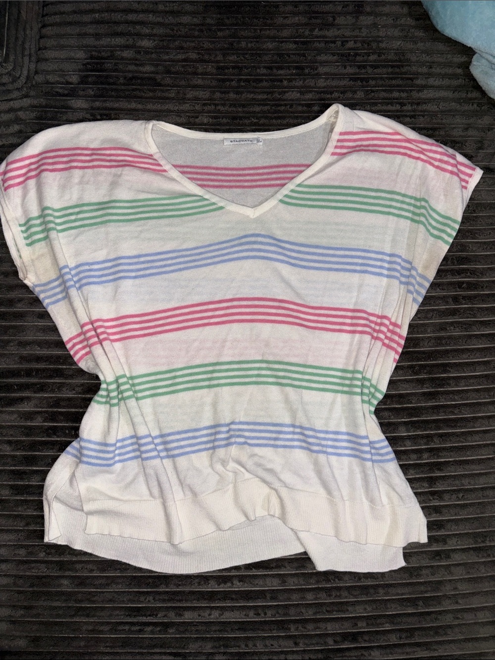 Staccato White V-Neck Top with Pink, Green & Blue Stripes